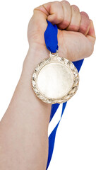 Close-up of hand holding olympic gold medal