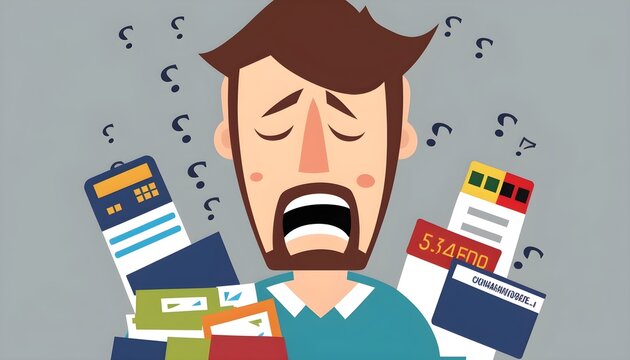 Man stressed about money and surrounded by money, credit card, debt