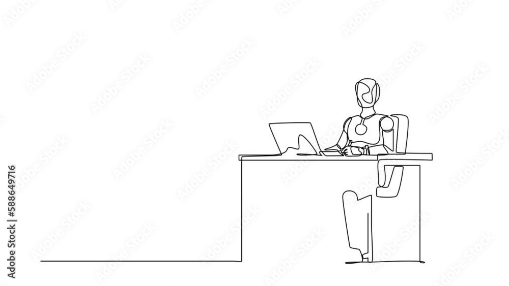 Poster animated self drawing of continuous line draw robot writing and sitting in front of laptop at table.