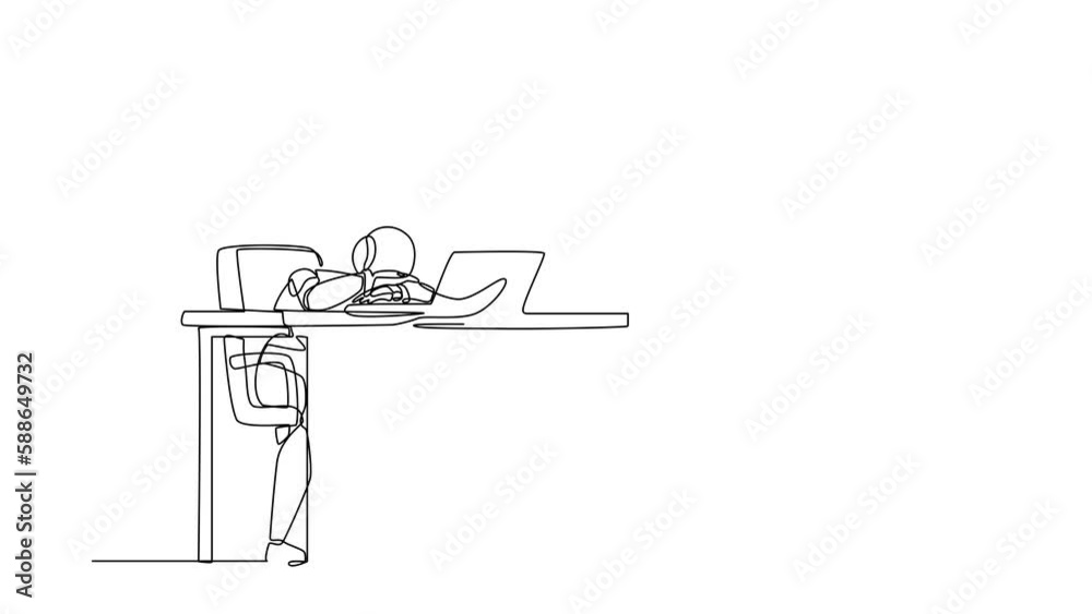 Poster self drawing animation of single line draw robot throwing tantrum in office holding head with hands.
