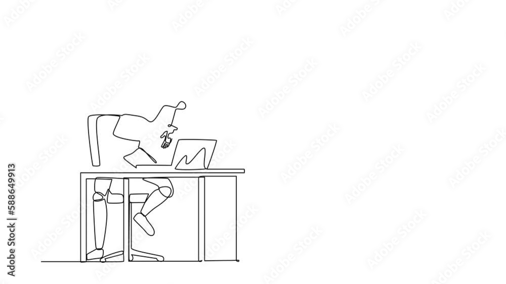 Poster self drawing animation of single line draw frustrated robot shouting screen laptop on working desk. 