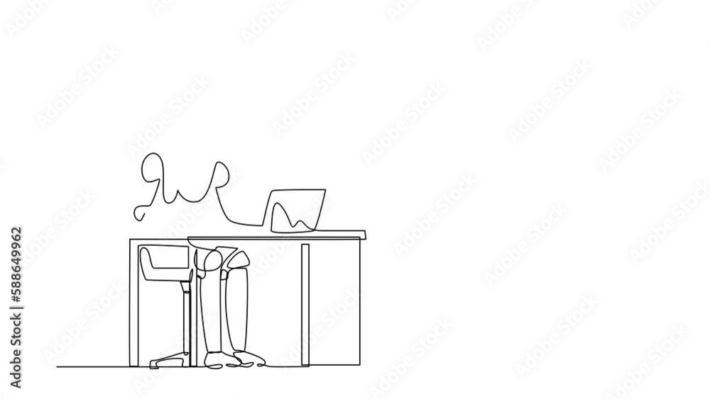Poster animated self drawing of continuous one line draw robot giving thumbs up sign in front of computer. 