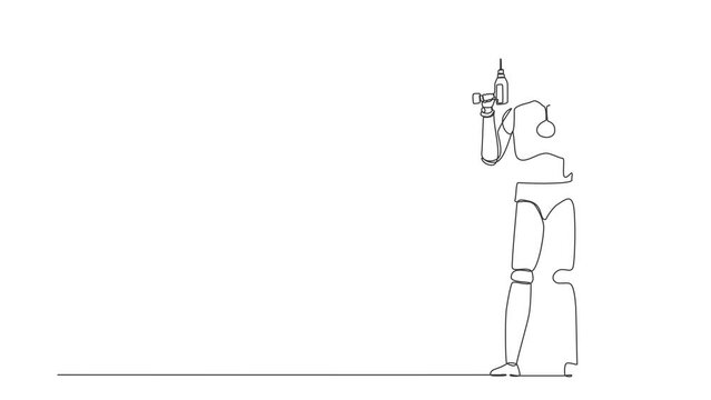 Animated self drawing of continuous line draw robot worker holding electric drill tool for repair. Humanoid robot cybernetic organism. Future robotics development. Full length single line animation