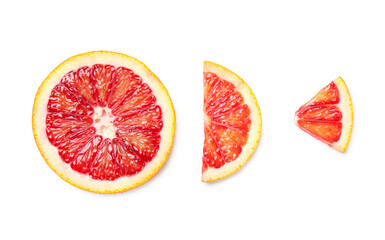 Fototapeta na wymiar Tasty slices of blood orange fruit on white background