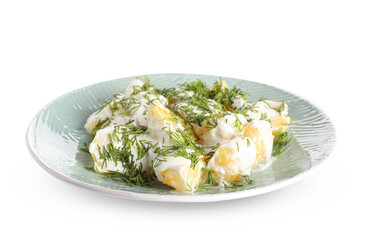 Plate of tasty Potato Salad with greens on white background