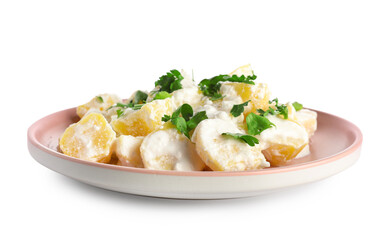Plate of tasty Potato Salad with greens on white background