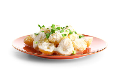 Plate of tasty Potato Salad with greens on white background