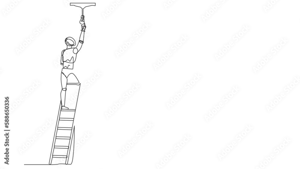 Poster self drawing animation of single one line draw robot worker electrician on ladder change light bulb.