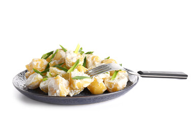 Plate of tasty Potato Salad with greens on white background