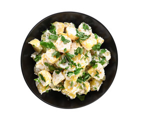 Bowl of tasty Potato Salad with greens on white background