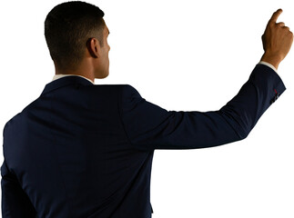 Rear view of man touching invisible screen