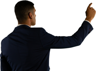 Rear view of man touching invisible screen