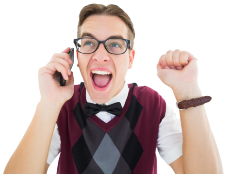 Excited geeky hipster talking on the phone