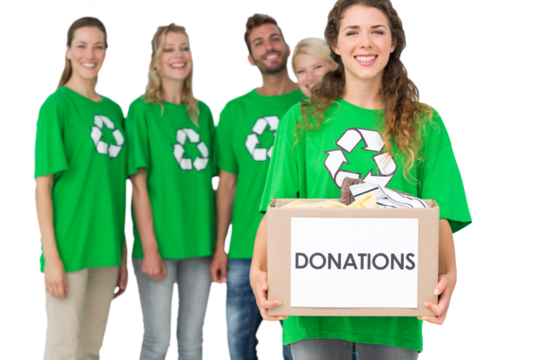 People in recycling symbol tshirts with donation box