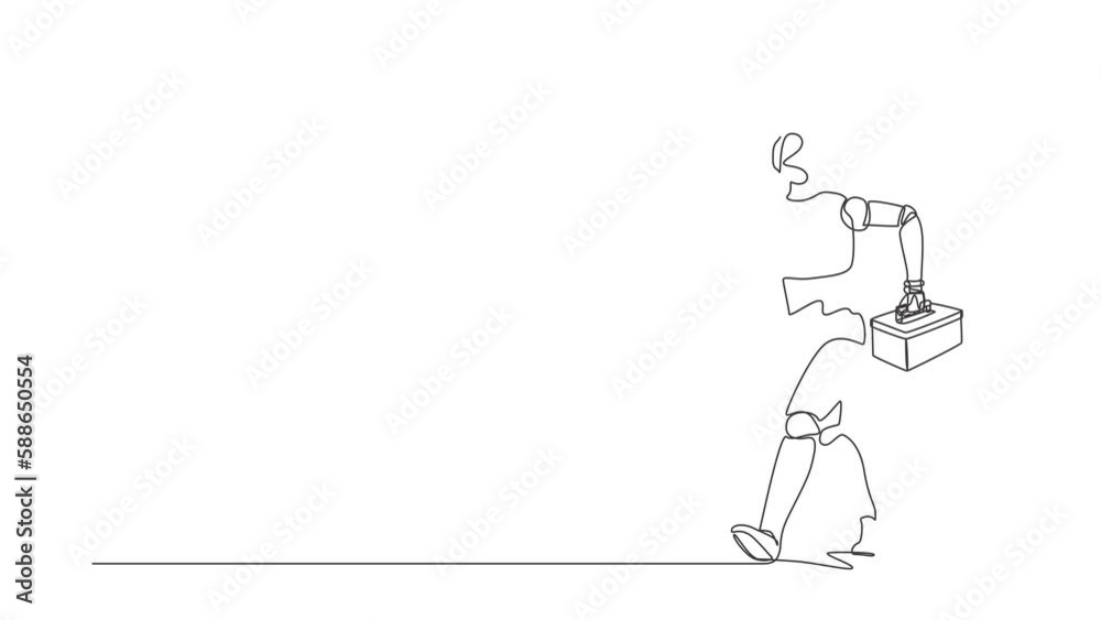 Poster animated self drawing of continuous line draw robot mechanic repairman worker with tool box is runni