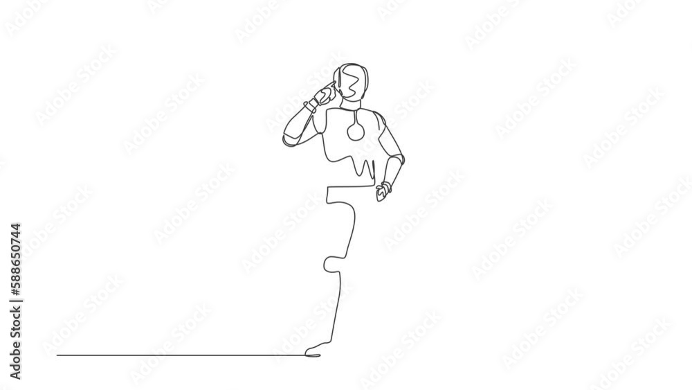 Poster animated self drawing of continuous line draw smart robot pointing head, thinking something. feeling