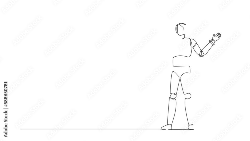 Poster animated self drawing of continuous line draw robot pointing away hands together showing or presenti