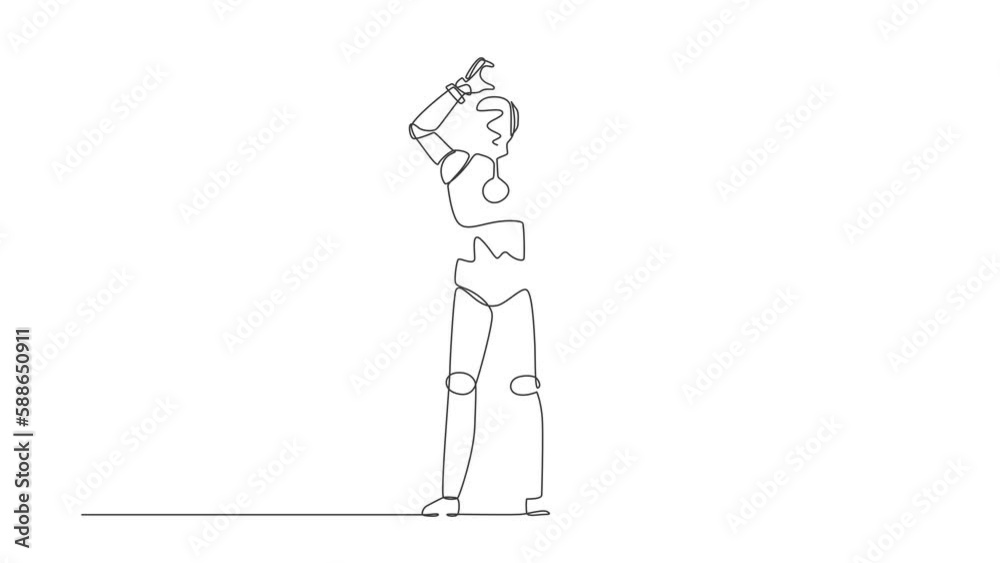 Poster animated self drawing of continuous line draw robot making or gesturing heart symbol with fingers ov