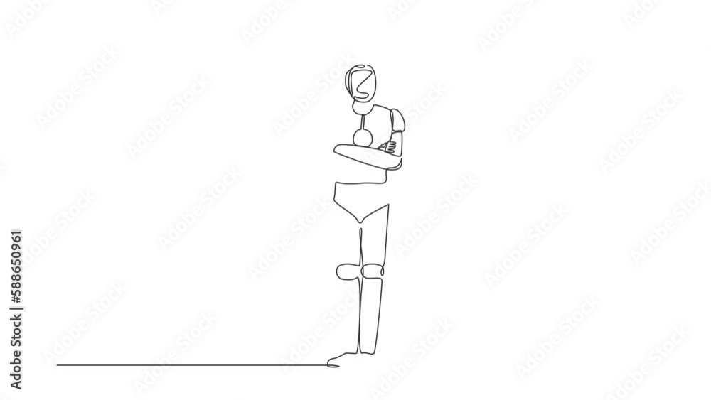 Poster self drawing animation of single one line draw robot standing with folded arms pose. future technolo