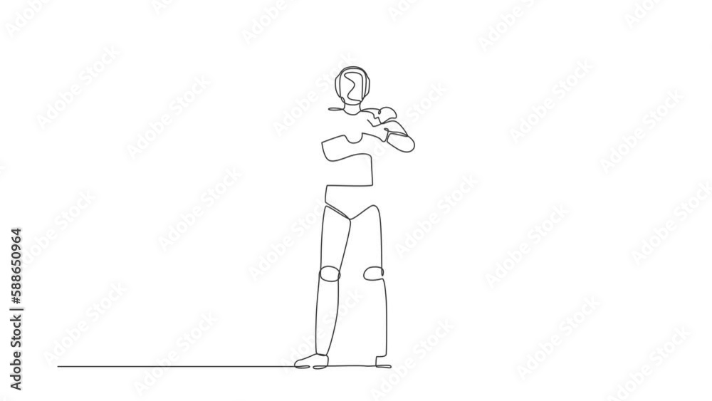Poster self drawing animation of single line draw robot making heart symbol with fingers in front of chest.