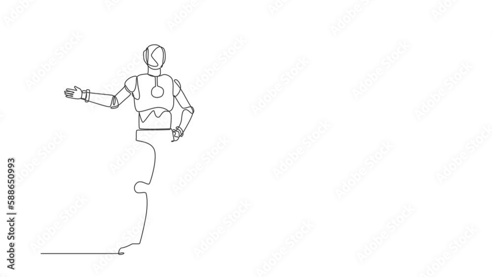 Poster animated self drawing of continuous line draw robot showing something or presenting project. humanoi