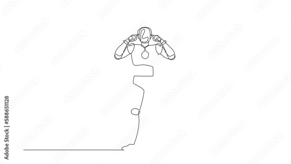 Poster self drawing animation of single one line draw robot covering ears with fingers with annoyed express
