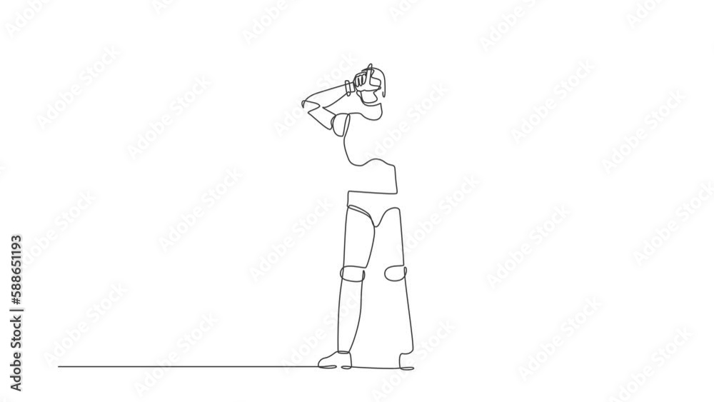 Poster animated self drawing of continuous one line draw robot making 'l' symbol, showing loser sign on for