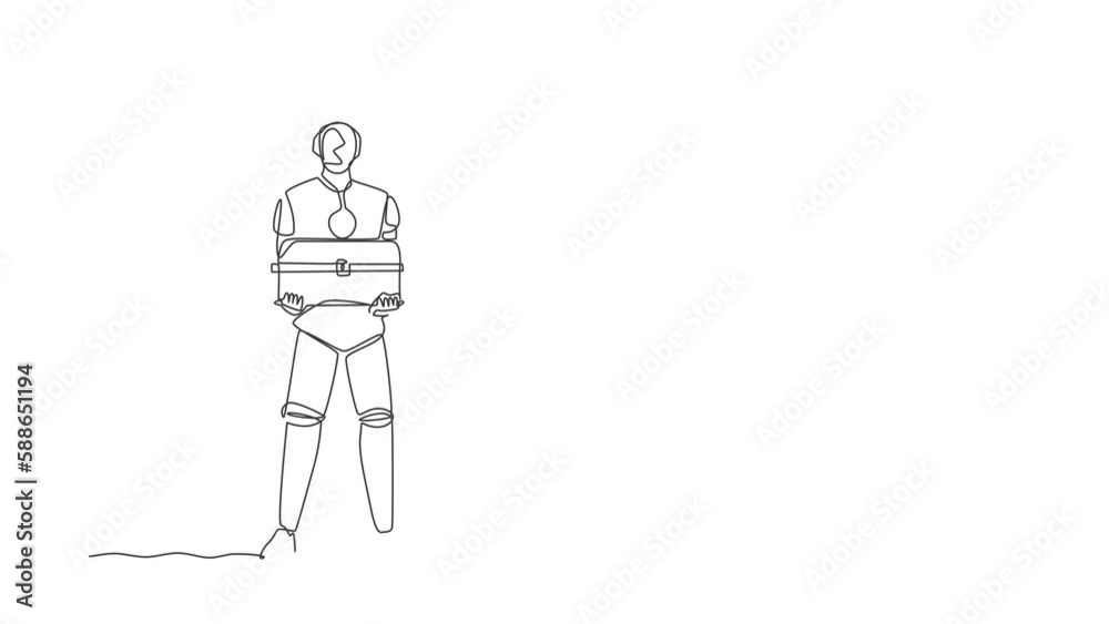 Poster self drawing animation of single line draw robot walking unsteadily leaving hole dug dragging shovel