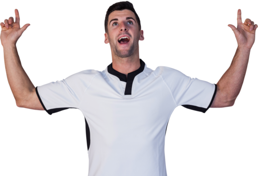 Surprised rugby player pointing up