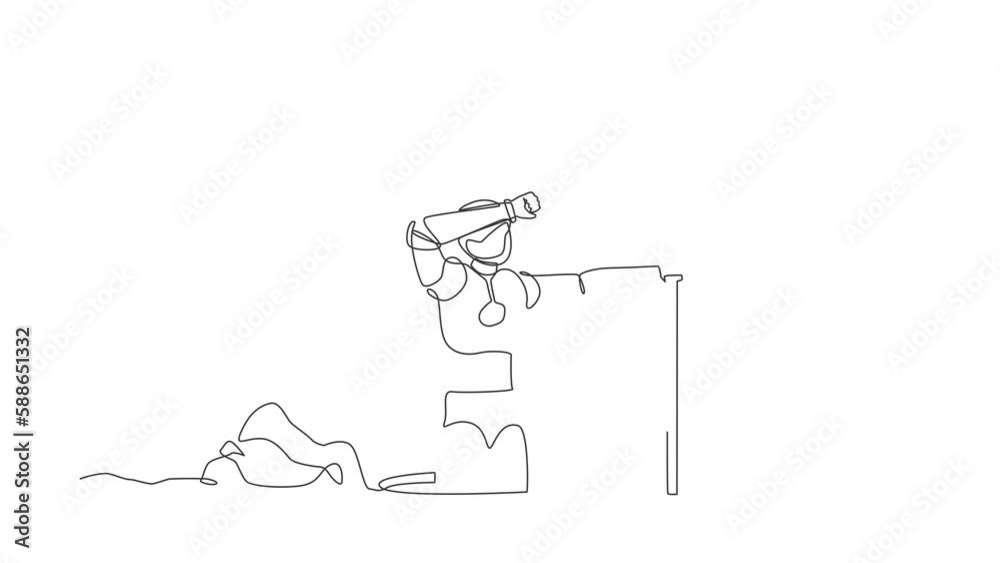 Poster self drawing animation of single one line draw robot wipes sweat on forehead while digging hole. fut
