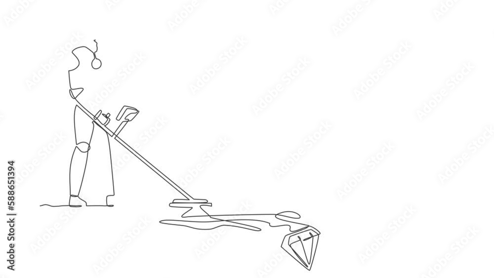 Poster self drawing animation of single line draw robot with detector looking for diamonds. future technolo