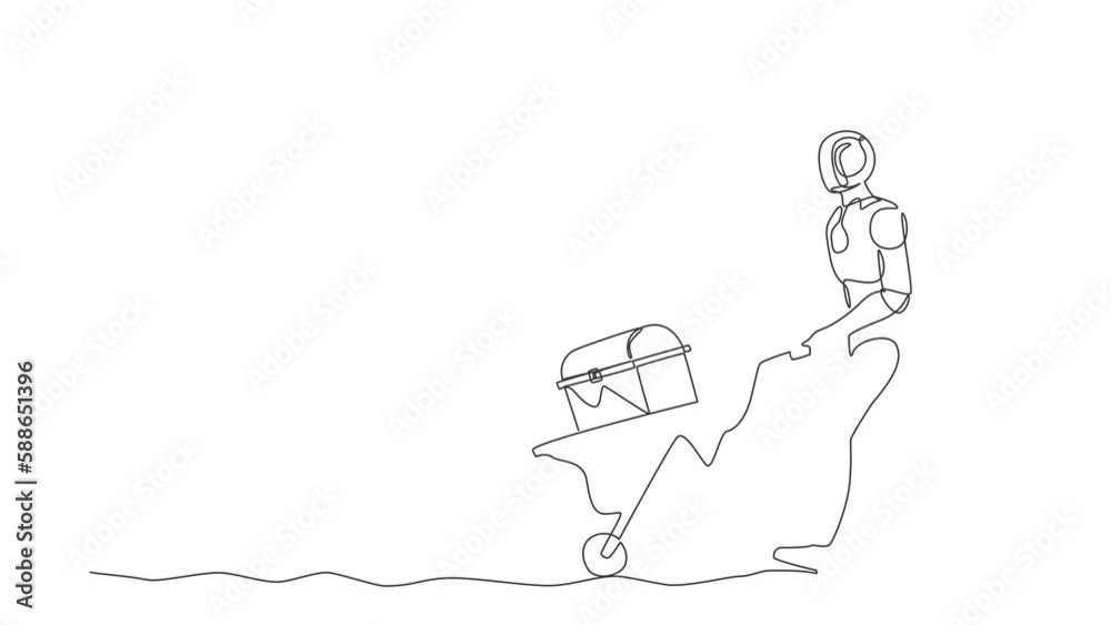 Poster self drawing animation of single one line draw robot walking pushing trolley with chest treasure. fu