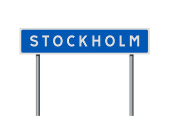 Vector illustration of the City of Stockholm (Sweden) entrance blue road sign on metallic poles - obrazy, fototapety, plakaty