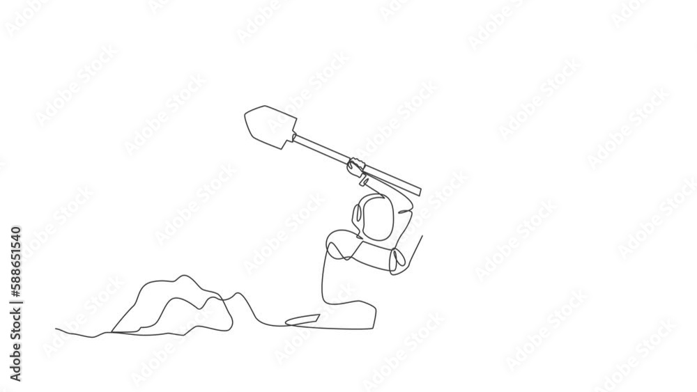 Poster animated self drawing of continuous line draw robot digging in dirt using shovel. humanoid robot cyb