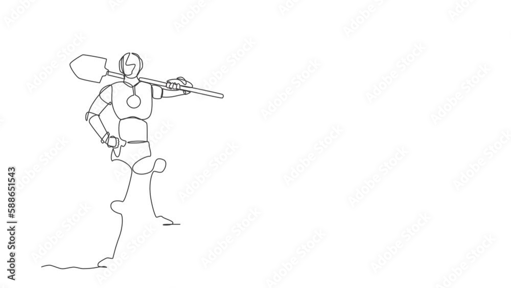 Poster animated self drawing of single continuous line draw robot digging ground with shovel and finding tr