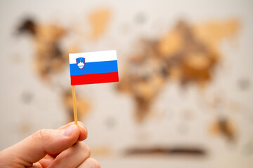 Slovenia flag in mans hand on the wooden world map background. Global economy and geopolitics...