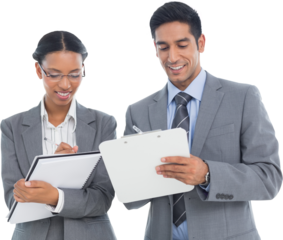 Smiling business people writing on clipboard and notebook