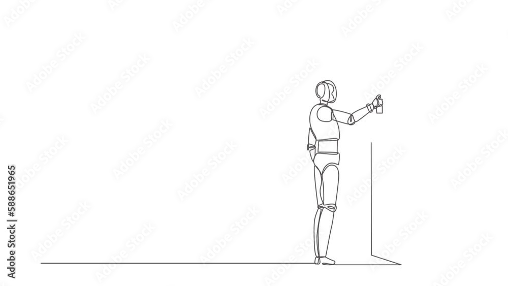 Poster self drawing animation of single line draw robot is painting abstract picture on wall. future techno