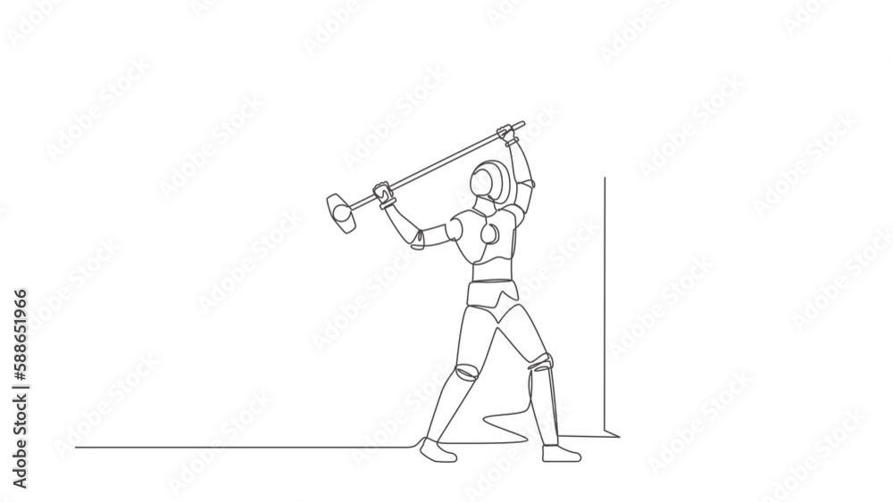Poster self drawing animation of single one line draw robot hitting wall with hammer. achievement way for s
