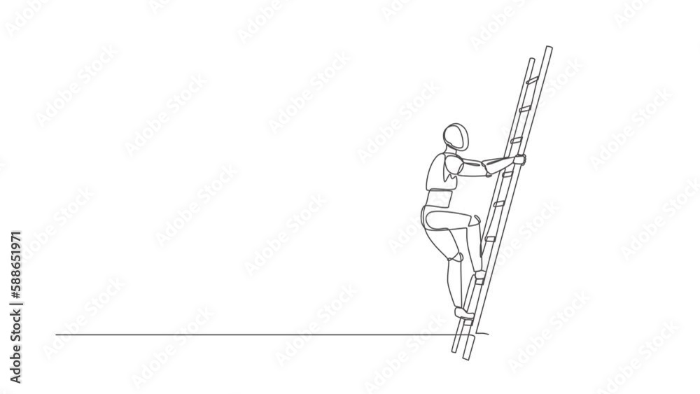 Poster animated self drawing of continuous line draw robot climbing up the wall with ladder. business obsta