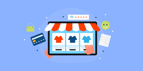 Obraz premium Person browsing online clothing product on tablet screen, ecommerce web store and digital payment shopping concept, vector illustration web banner.