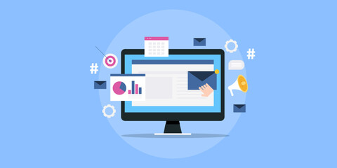 Person subscribes to blog content newsletter, joining email subscription list. Business communication marketing strategy with data analytics. Vector banner.