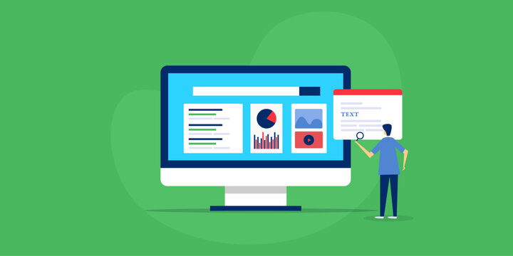 Business people using Content marketing software to streamline content creation process, manage and distribute content and track performance, vector illustration.