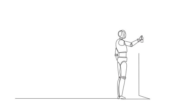 Self drawing animation of single line draw robot is painting abstract picture on wall. Future technology development. Artificial intelligence machine learning. Continuous line. Full length animated
