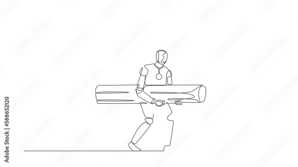 Poster self drawing animation of single line draw robot holding large log to destroying wall. future techno