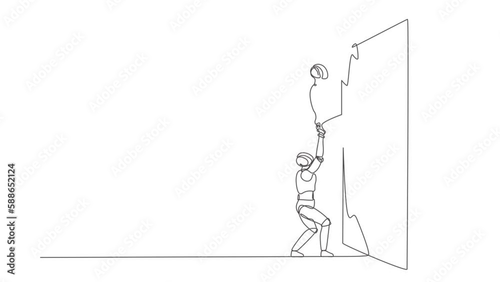 Poster animated self drawing of continuous line draw robot helping another robot climb wall. modern robotic