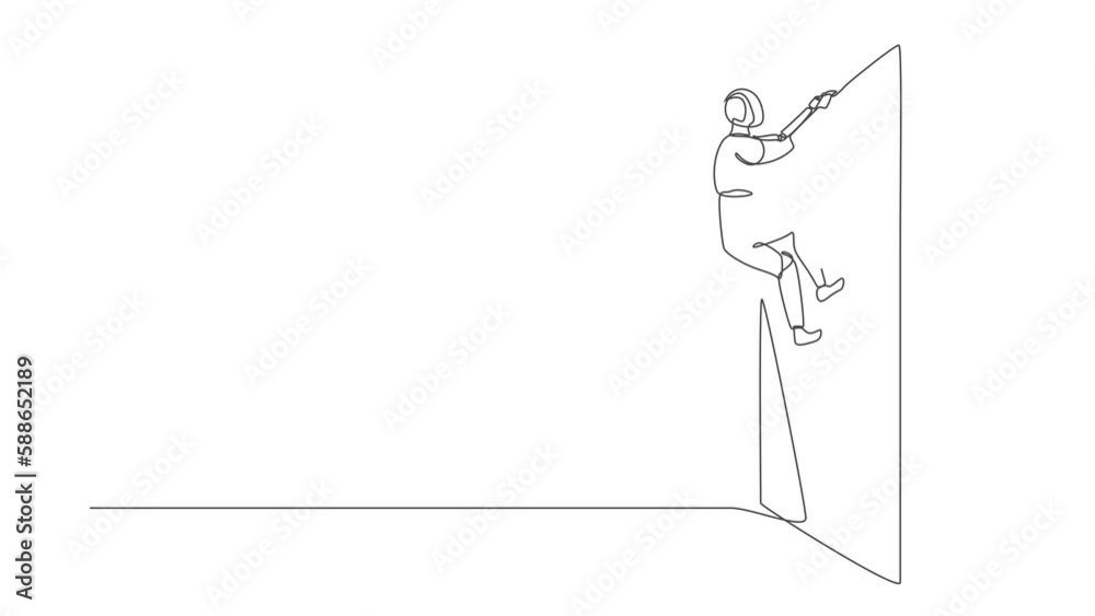 Poster self drawing animation of single line draw robot climb obstacle wall, solve problem. technology deve