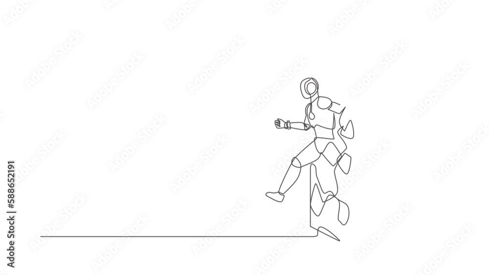 Poster self drawing animation of single line draw robot run breaking through brick wall. future technology 