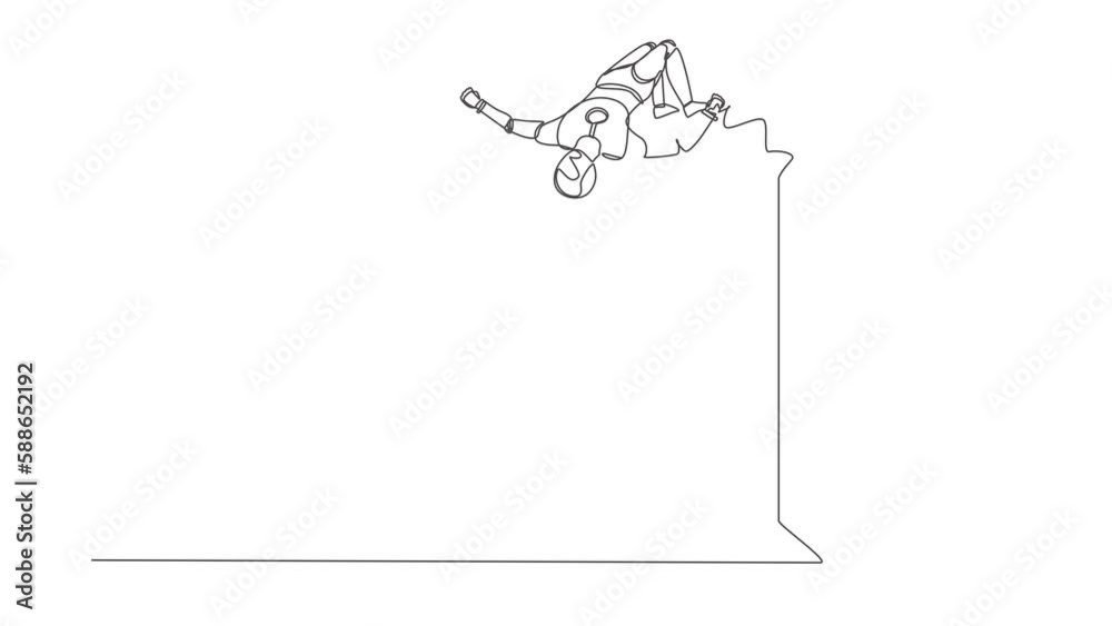 Poster animated self drawing of continuous line draw robot jumping over brick wall with acrobatic style. mo