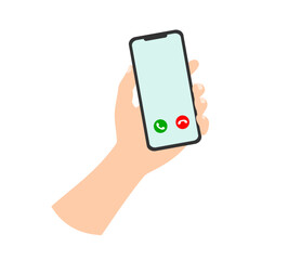 Smartphone mockup in hand. Accept and decline the phone call. Call from phone to phone. Vector illustration.